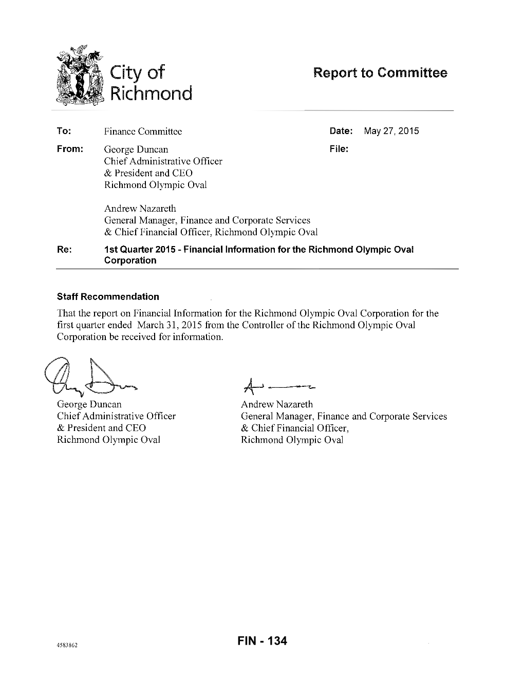 Financial Information for the Richmond Olympic Oval Corporation