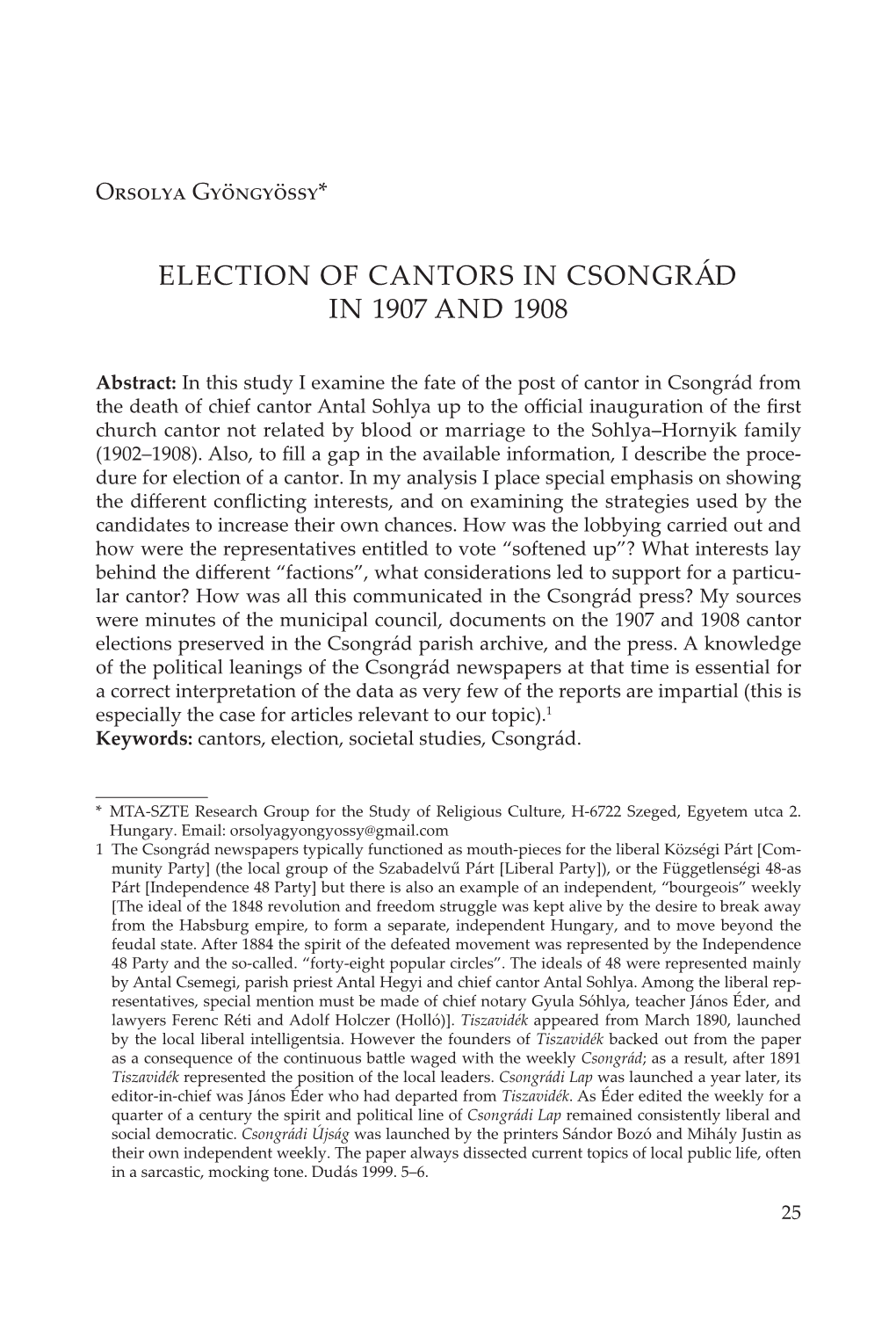 Election of Cantors in Csongrád in 1907 and 1908