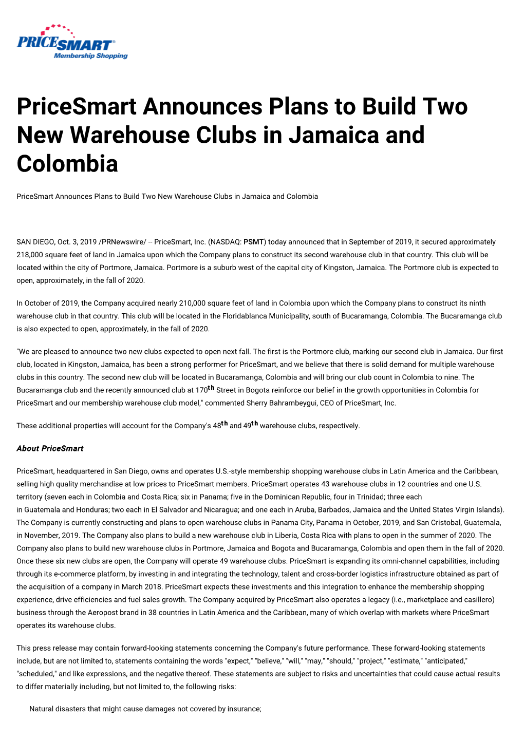 Pricesmart Announces Plans to Build Two New Warehouse Clubs in Jamaica and Colombia