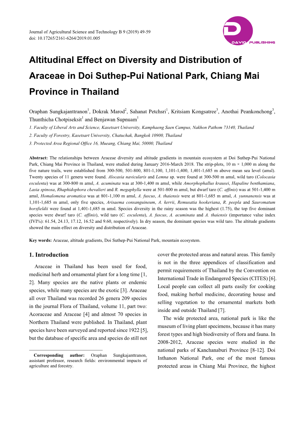 Altitudinal Effect on Diversity and Distribution of Araceae in Doi Suthep-Pui National Park, Chiang Mai Province in Thailand