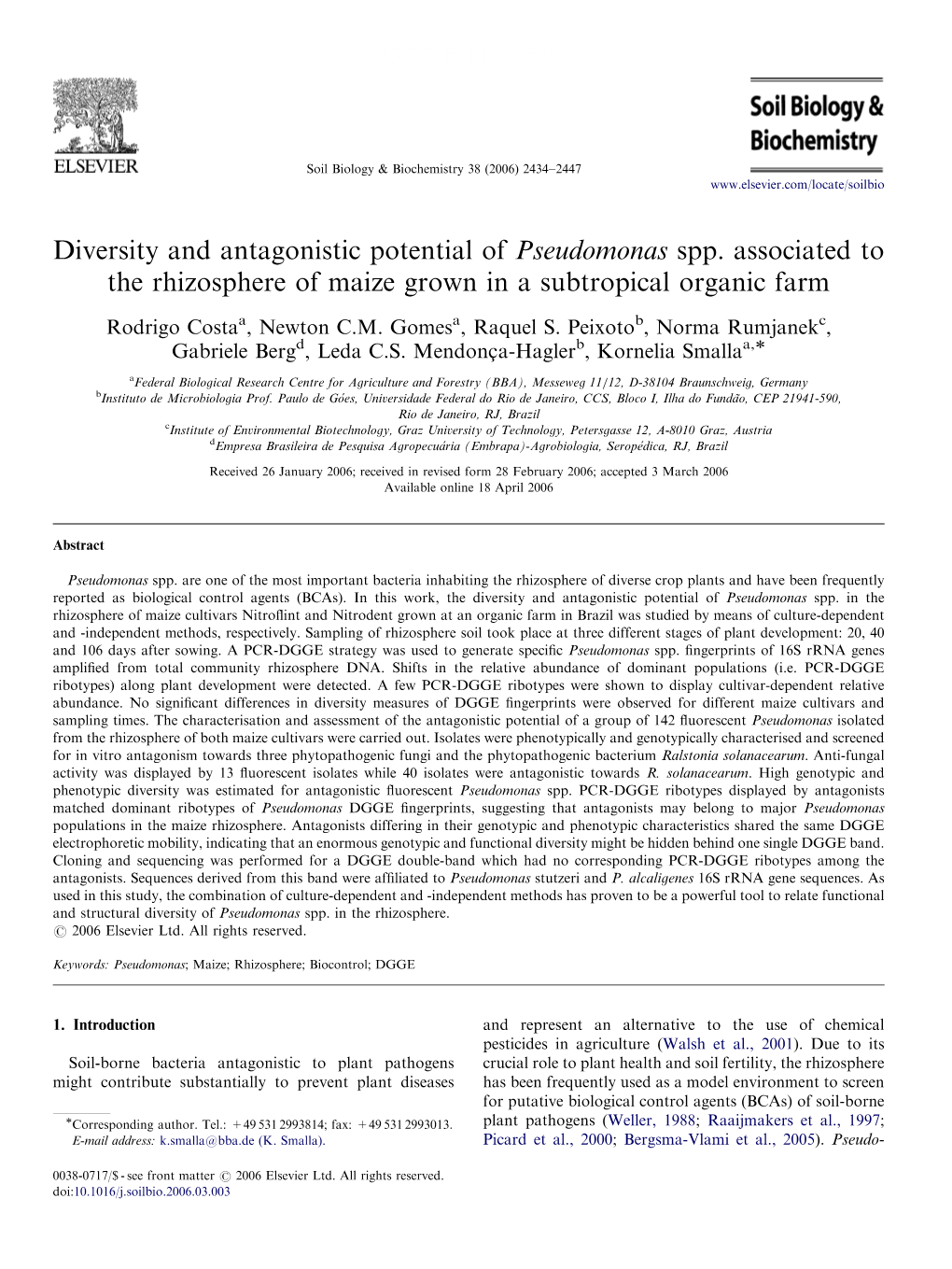 Diversity and Antagonistic Potential of Pseudomonas Spp. Associated to the Rhizosphere of Maize Grown in a Subtropical Organic Farm