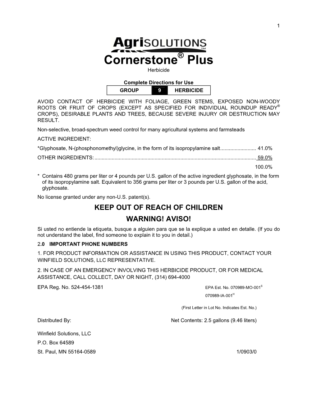 Cornerstone Plus, EPA Registration No