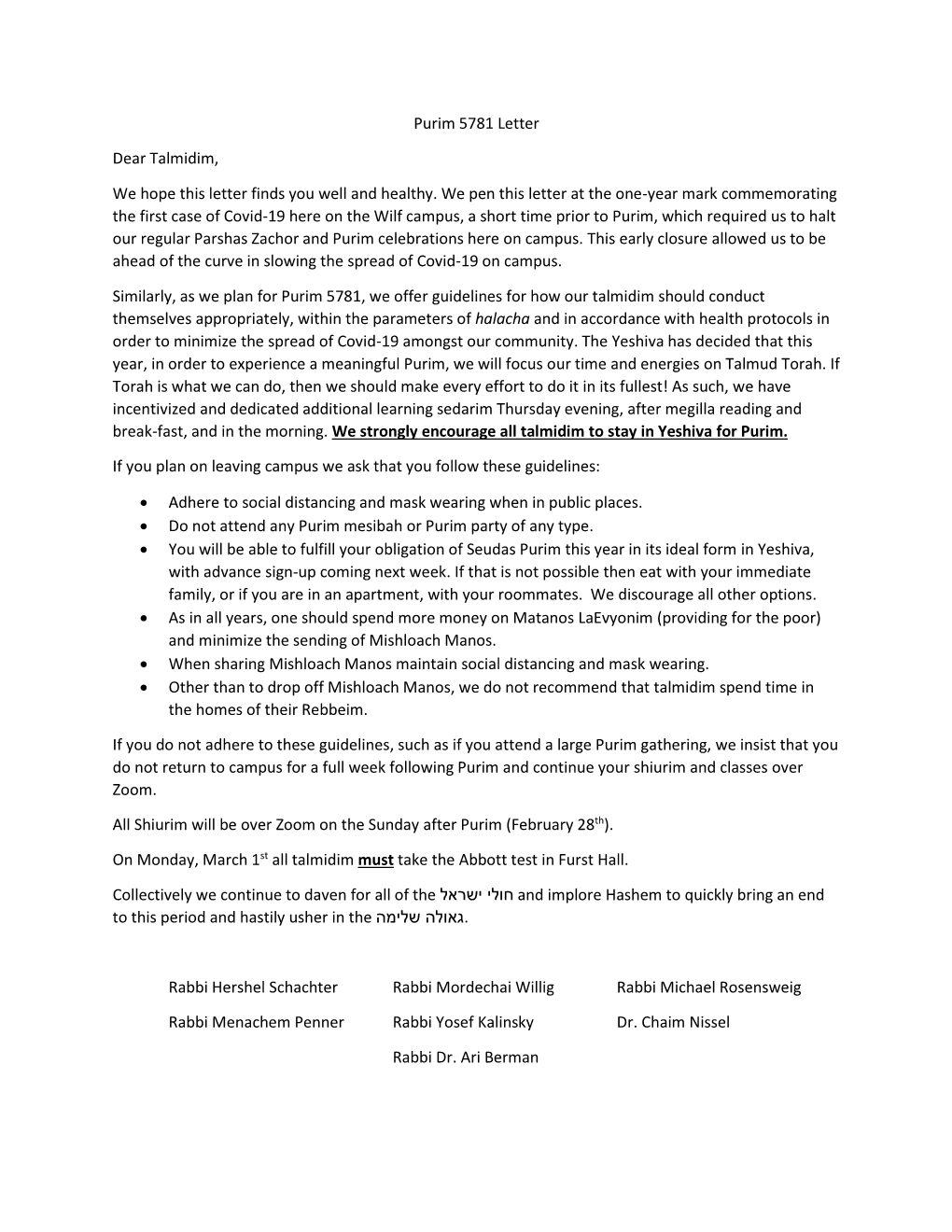 Purim 5781 Letter Dear Talmidim, We Hope This Letter Finds You Well And
