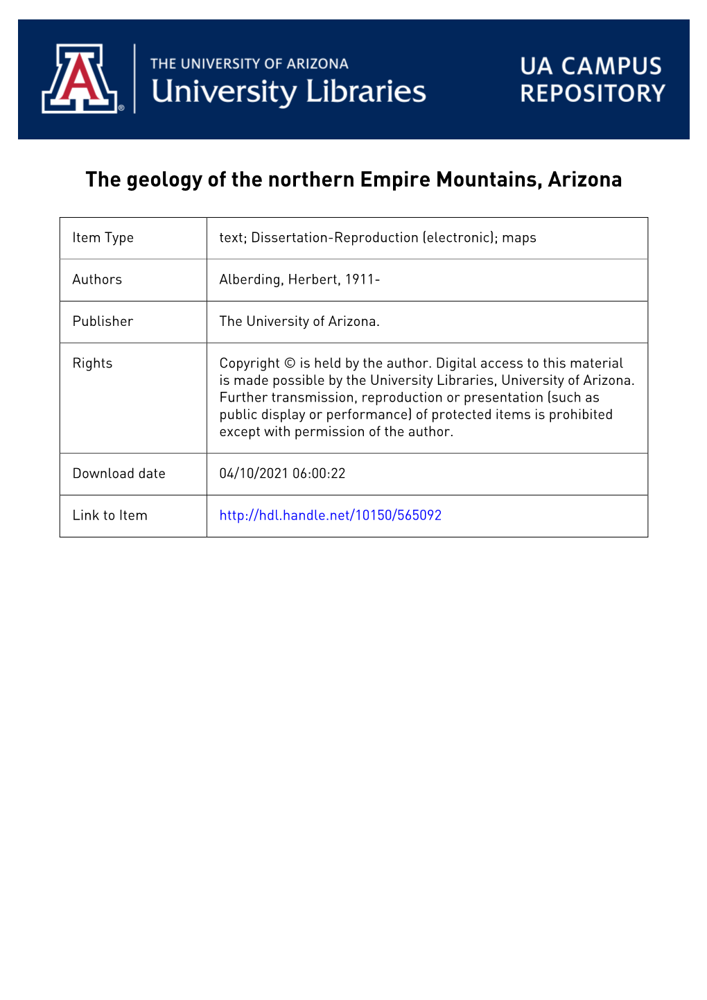 The Geology of the Northern Empire Mountains, Arizona by Herbert
