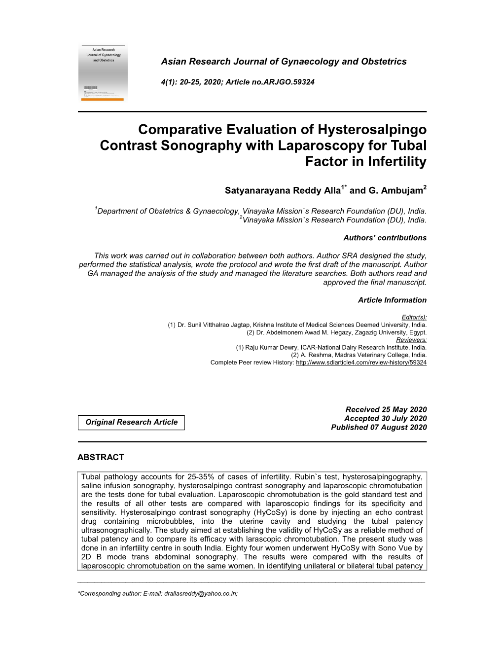 Comparative Evaluation of Hysterosalpingo Contrast Sonography with Laparoscopy for Tubal Factor in Infertility
