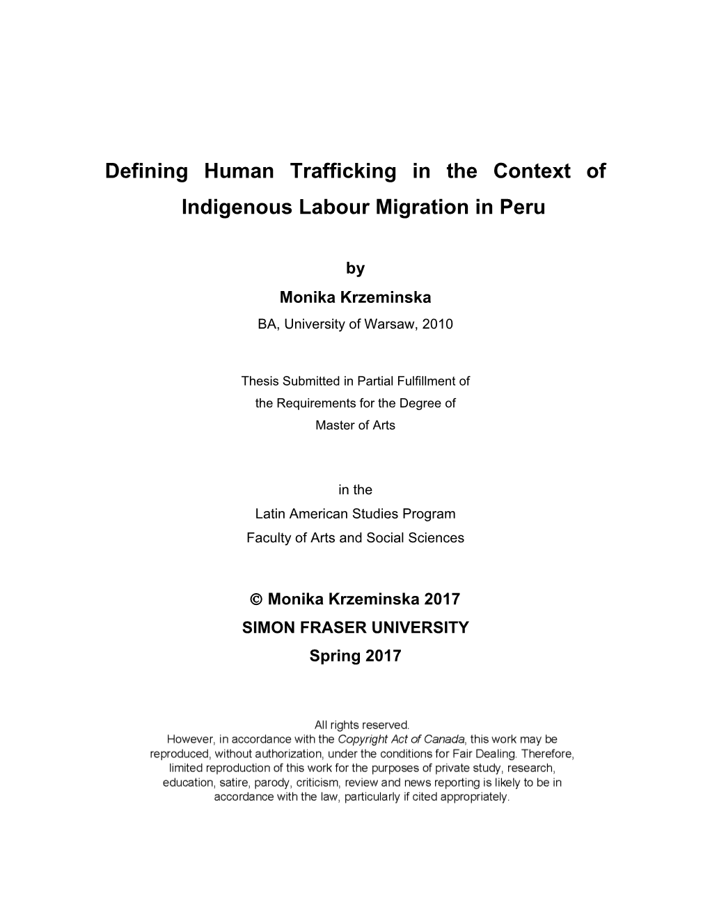 Defining Human Trafficking in the Context of Indigenous Labour Migration in Peru