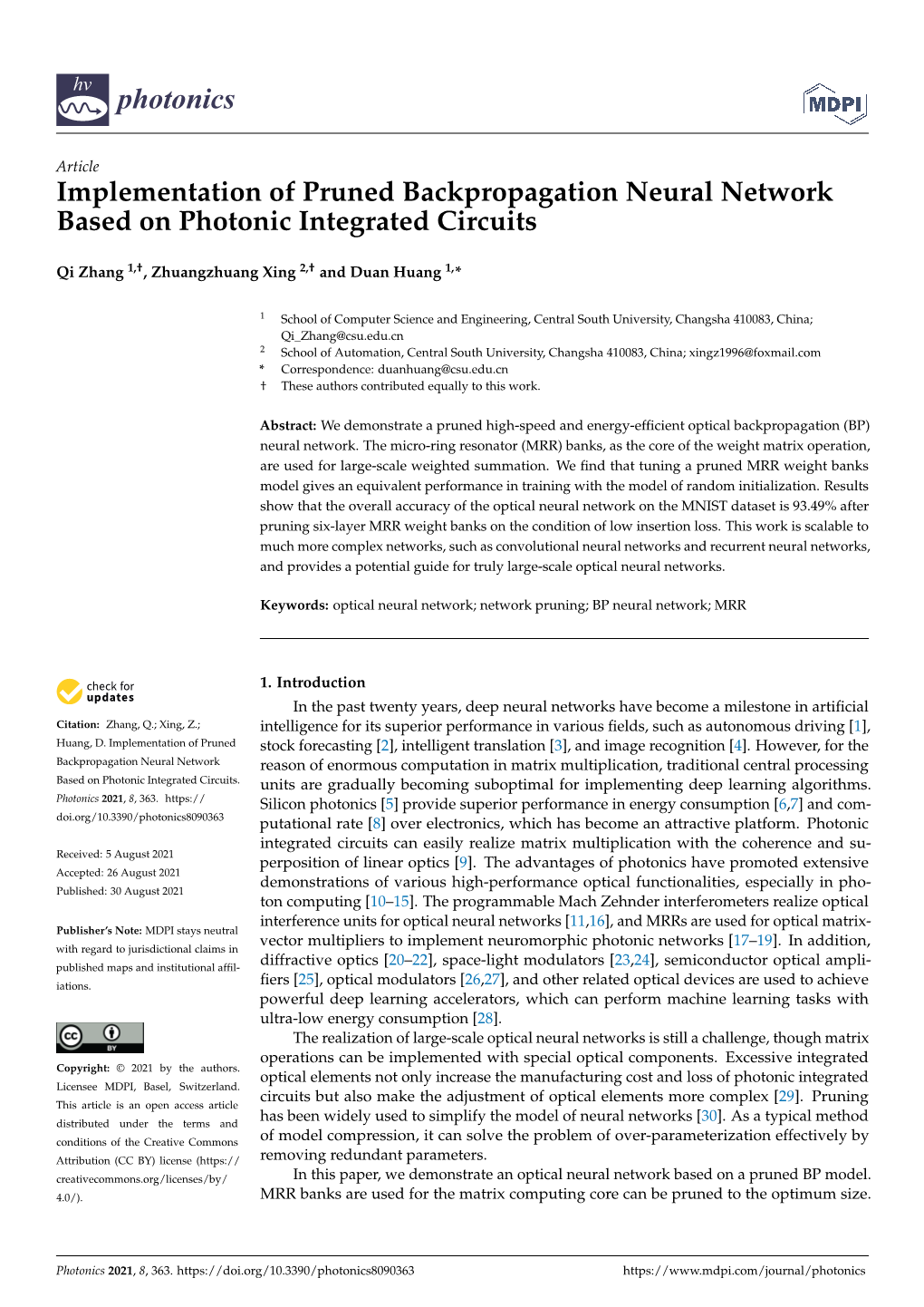 Implementation of Pruned Backpropagation Neural Network Based on Photonic Integrated Circuits