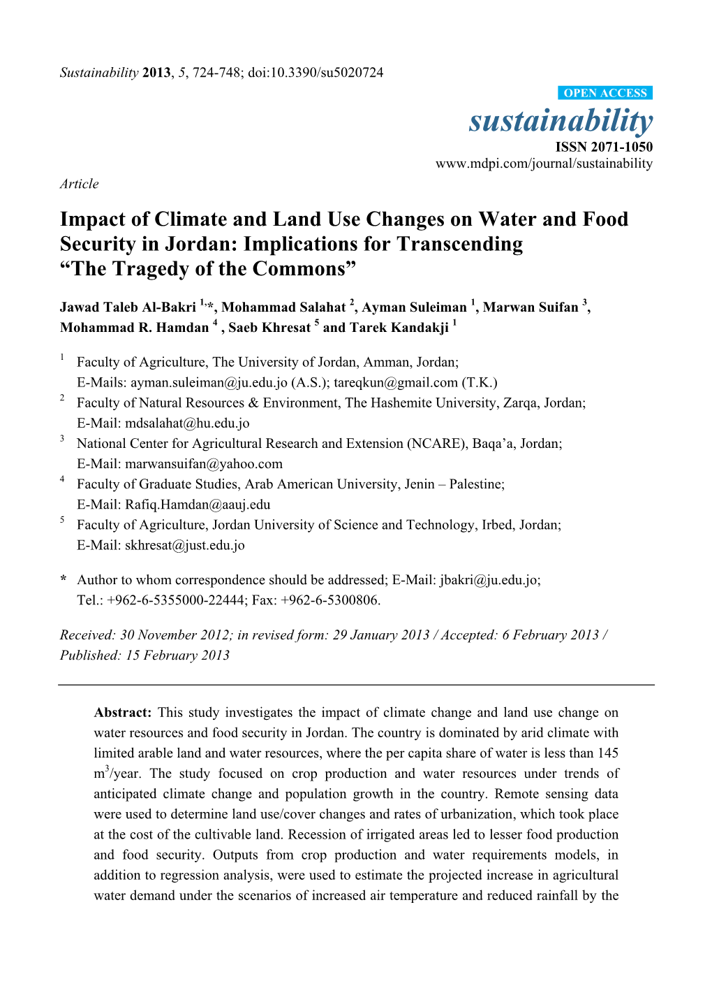 Impact of Climate and Land Use Changes on Water and Food Security in Jordan: Implications for Transcending “The Tragedy of the Commons”