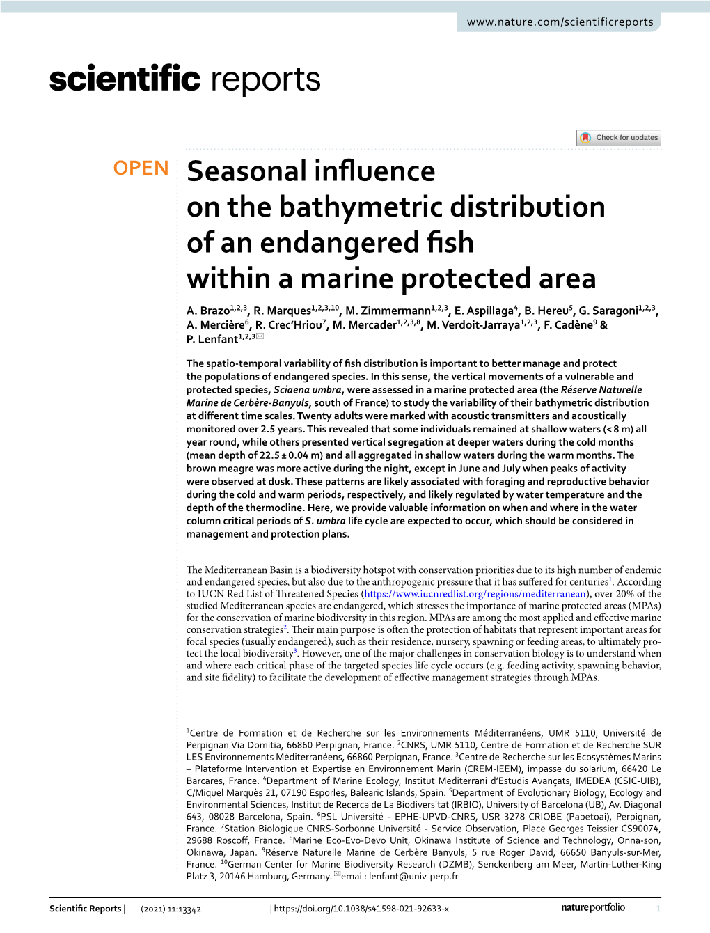 Seasonal Influence on the Bathymetric Distribution of an Endangered Fish