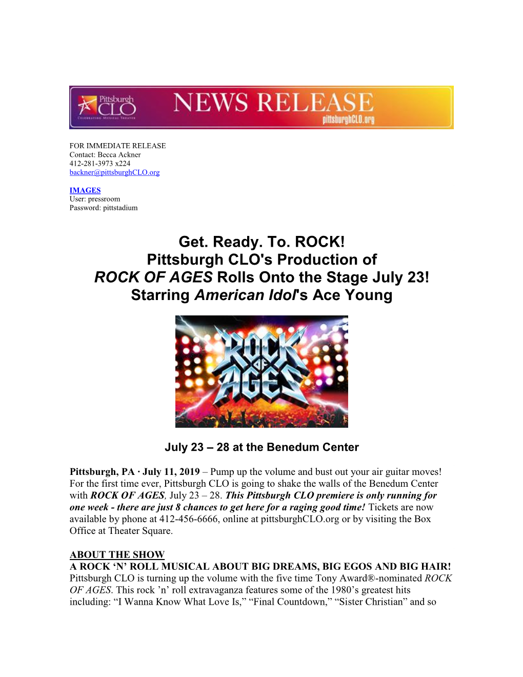 Pittsburgh CLO's Production of ROCK of AGES Rolls Onto the Stage July 23! Starring American Idol's Ace Young