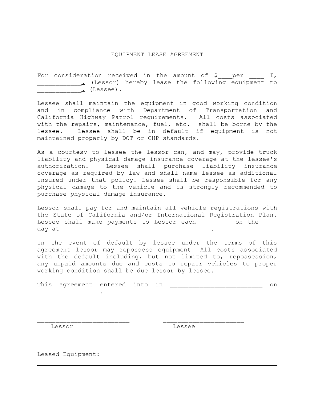 Equipment Lease Agreement