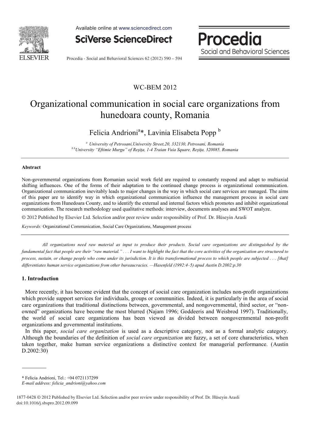 Organizational Communication in Social Care Organizations from Hunedoara County, Romania