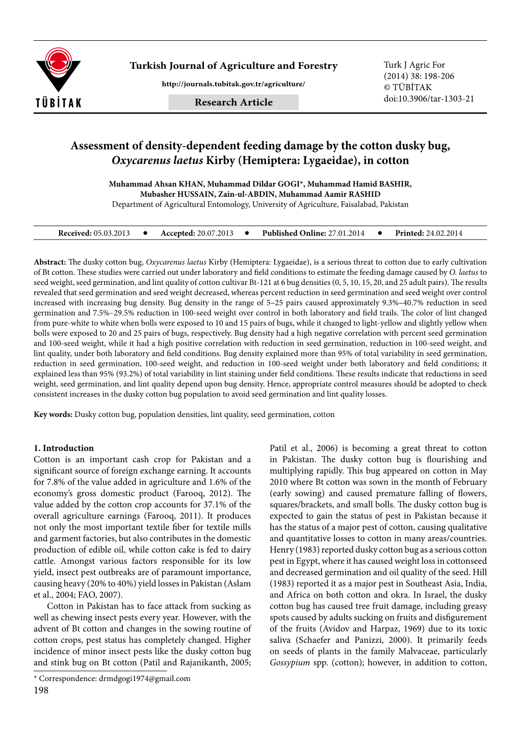 Assessment of Density-Dependent Feeding Damage by the Cotton Dusky Bug, Oxycarenus Laetus Kirby (Hemiptera: Lygaeidae), in Cotton