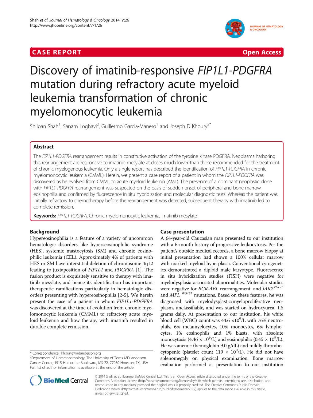 Discovery of Imatinib-Responsive FIP1L1-PDGFRA Mutation During Refractory Acute Myeloid Leukemia Transformation of Chronic Myelo