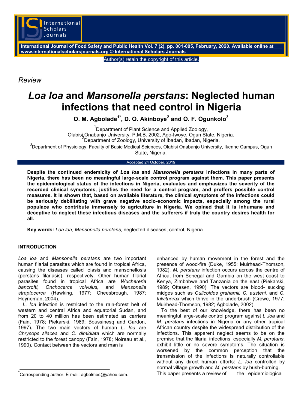 Loa Loa and Mansonella Perstans: Neglected Human Infections That Need Control in Nigeria