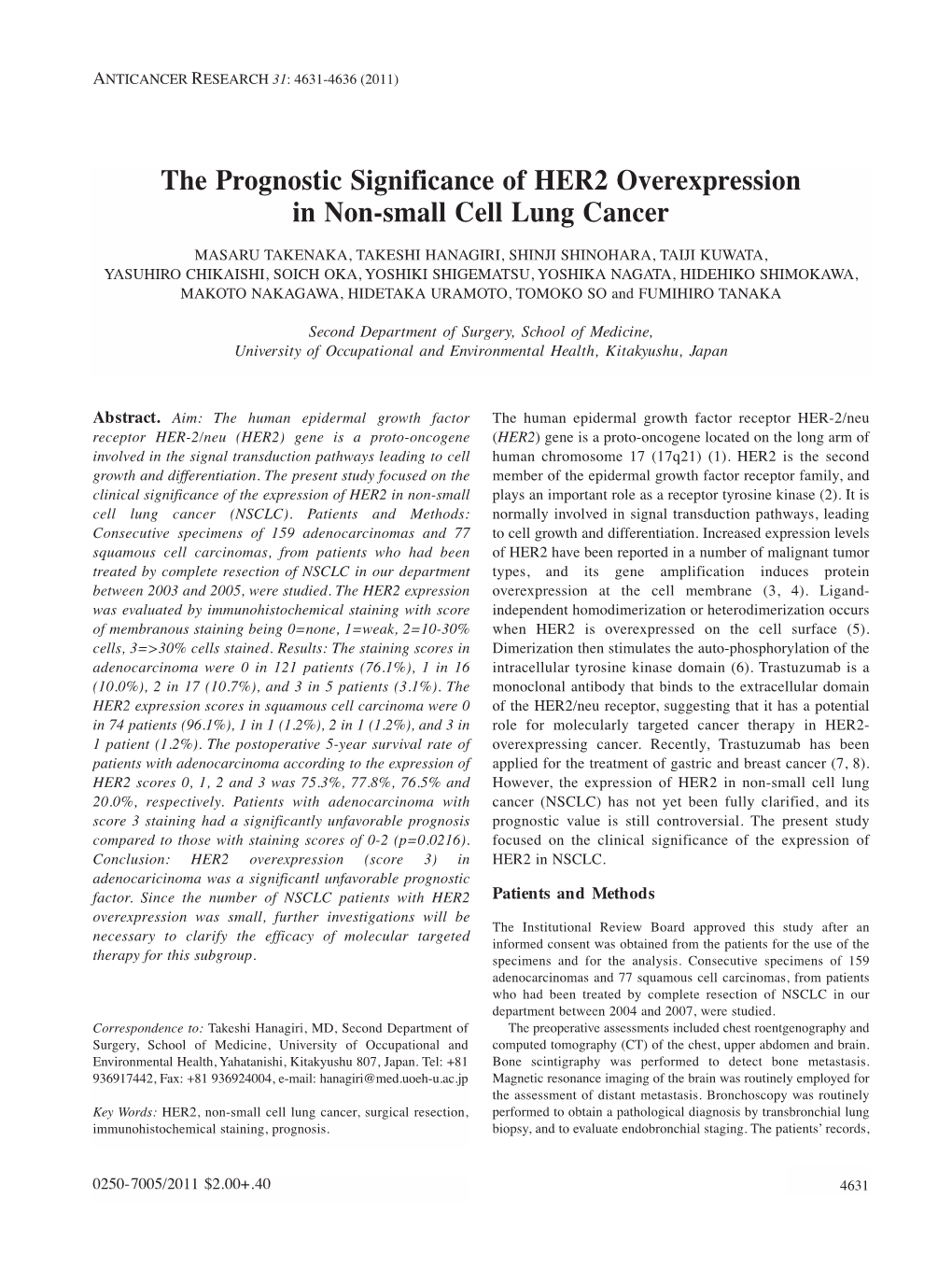 The Prognostic Significance of HER2 Overexpression in Non-Small Cell Lung Cancer