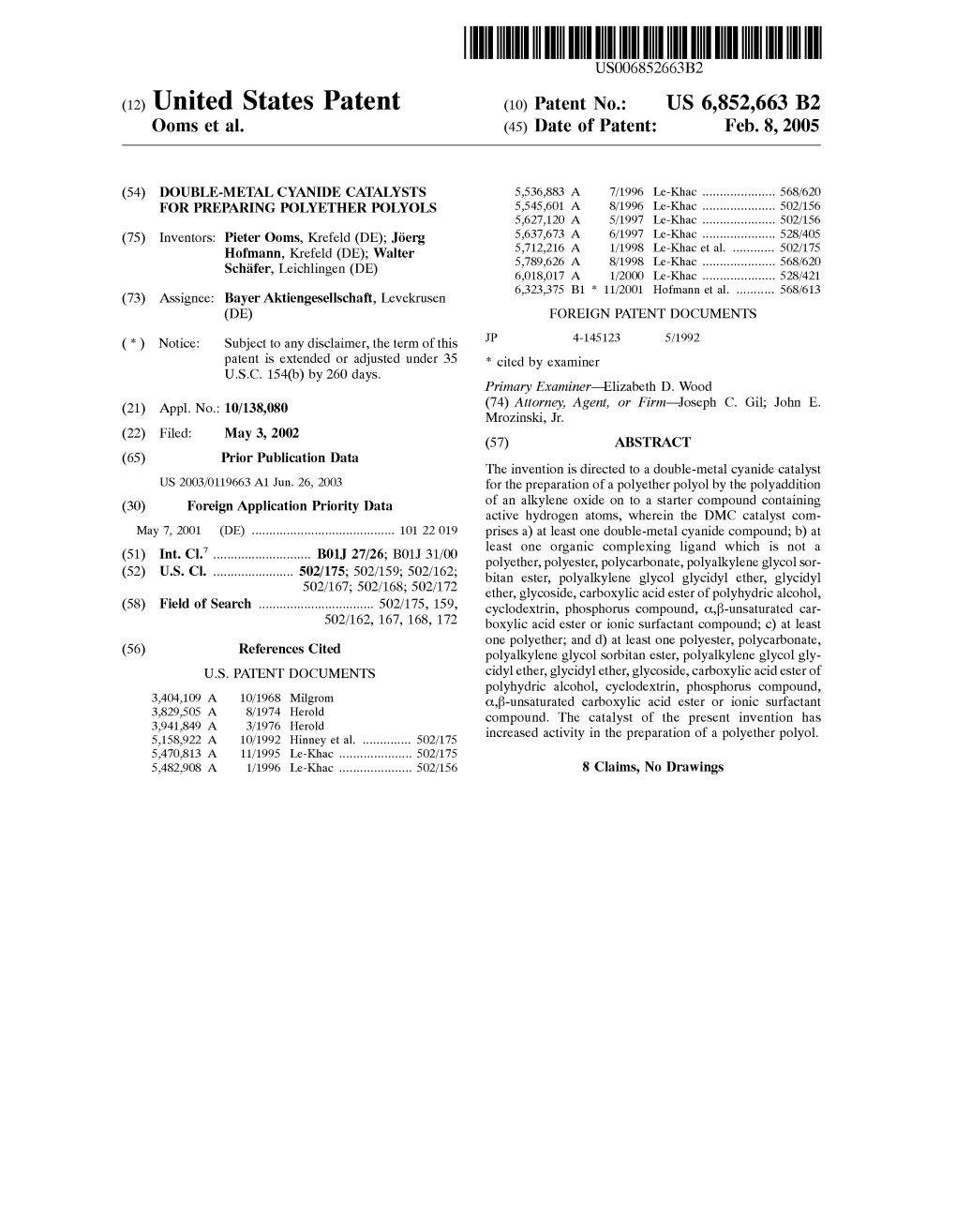 (12) United States Patent (10) Patent No.: US 6,852,663 B2 Ooms Et Al