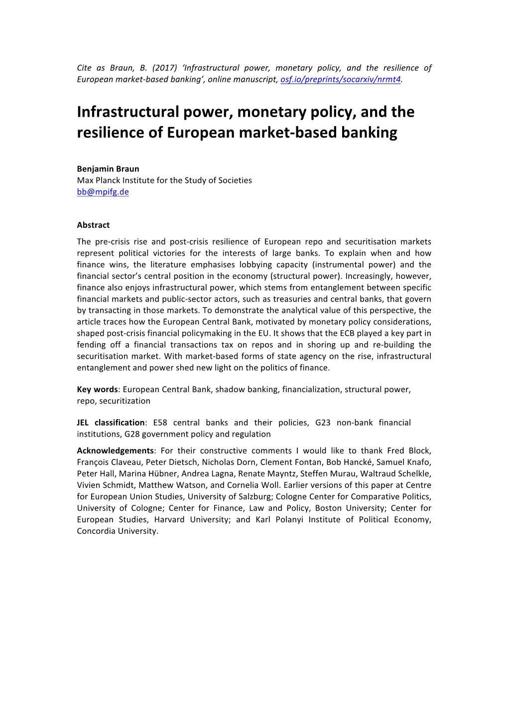 Infrastructural Power, Monetary Policy, and the Resilience of European Market-Based Banking’, Online Manuscript, Osf.Io/Preprints/Socarxiv/Nrmt4