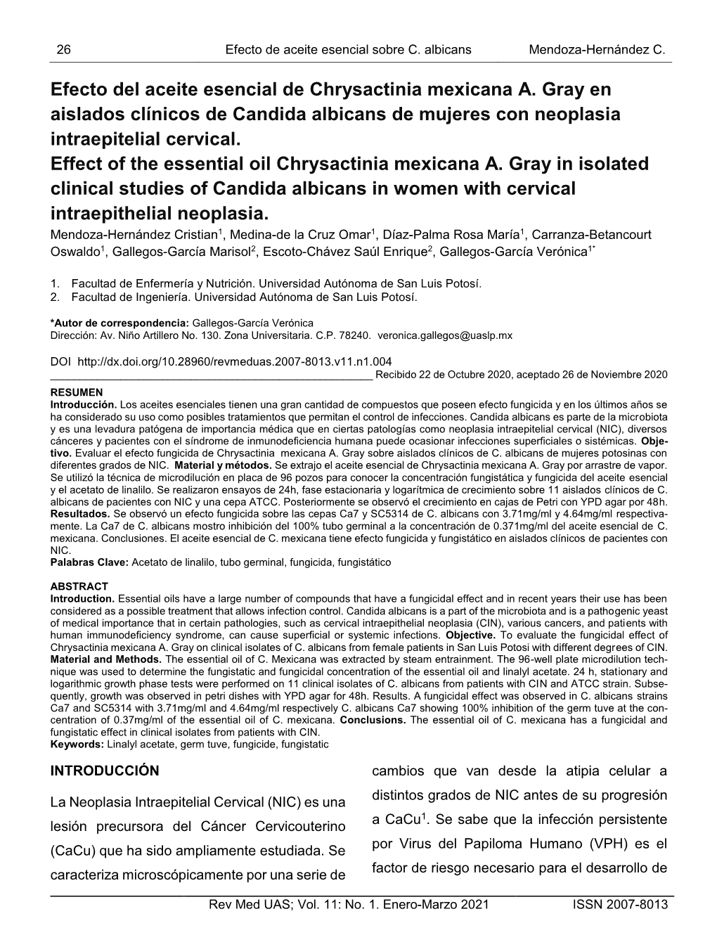 Efecto Del Aceite Esencial De Chrysactinia Mexicana A. Gray En Aislados Clínicos De Candida Albicans De Mujeres Con Neoplasia Intraepitelial Cervical