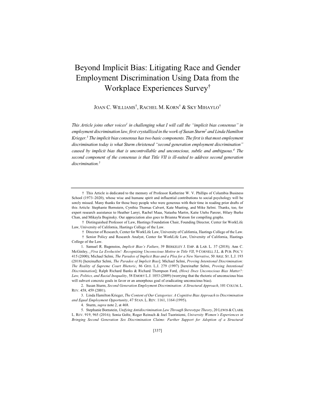 Beyond Implicit Bias: Litigating Race and Gender Employment Discrimination Using Data from the Workplace Experiences Survey†