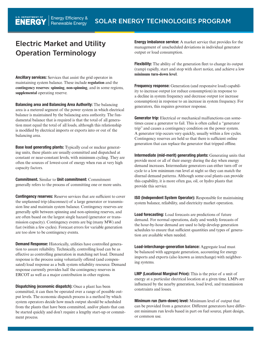 Electric Market and Utility Operation Terminology (Fact Sheet), Solar Energy Technologies Program