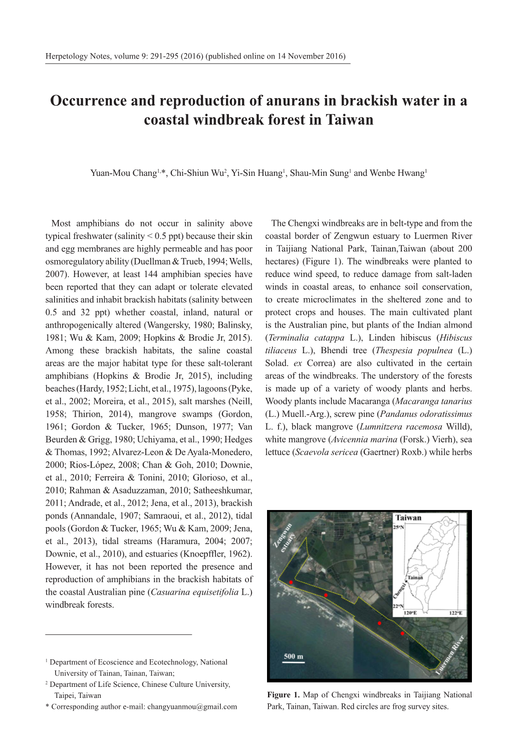 Occurrence and Reproduction of Anurans in Brackish Water in a Coastal Windbreak Forest in Taiwan