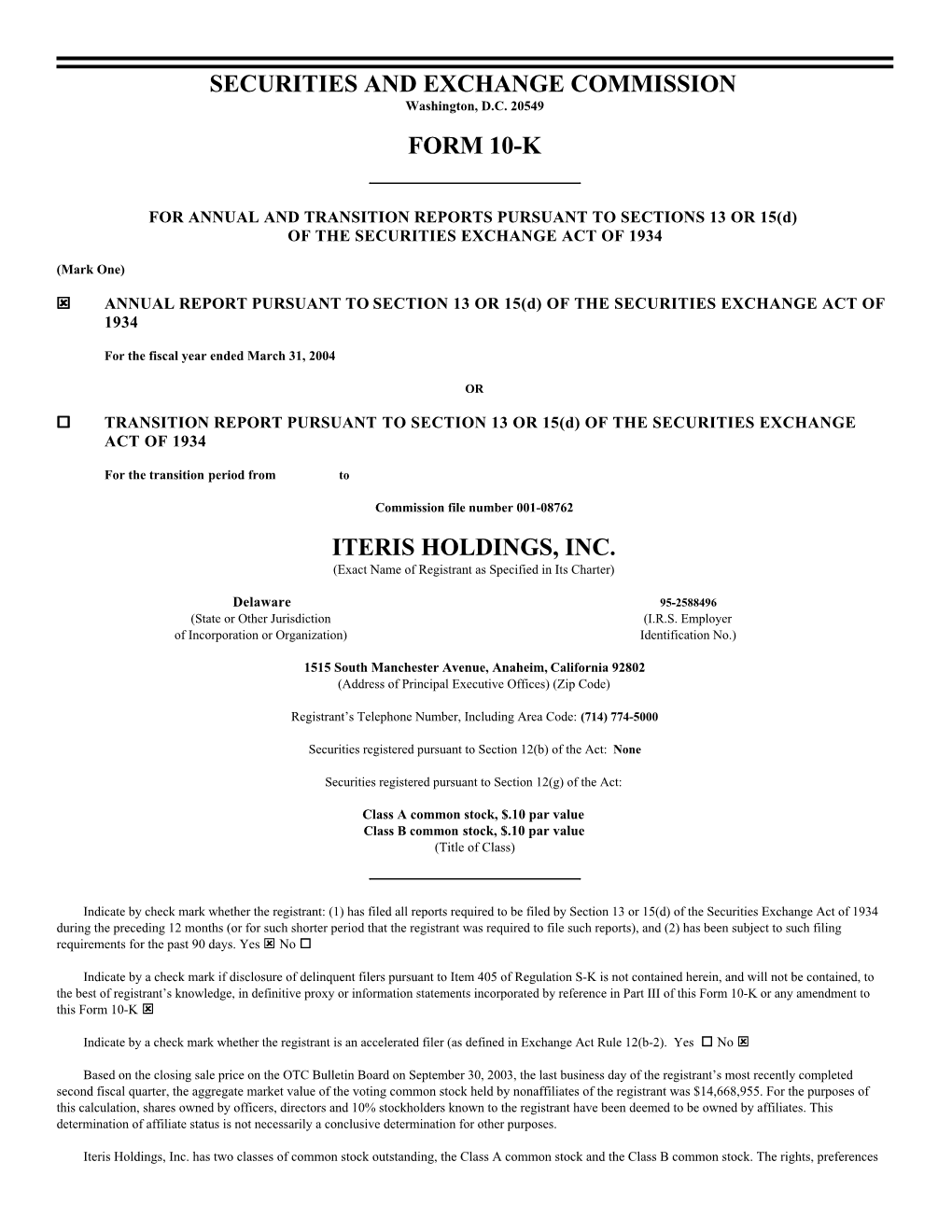 Securities and Exchange Commission Form 10-K Iteris Holdings, Inc