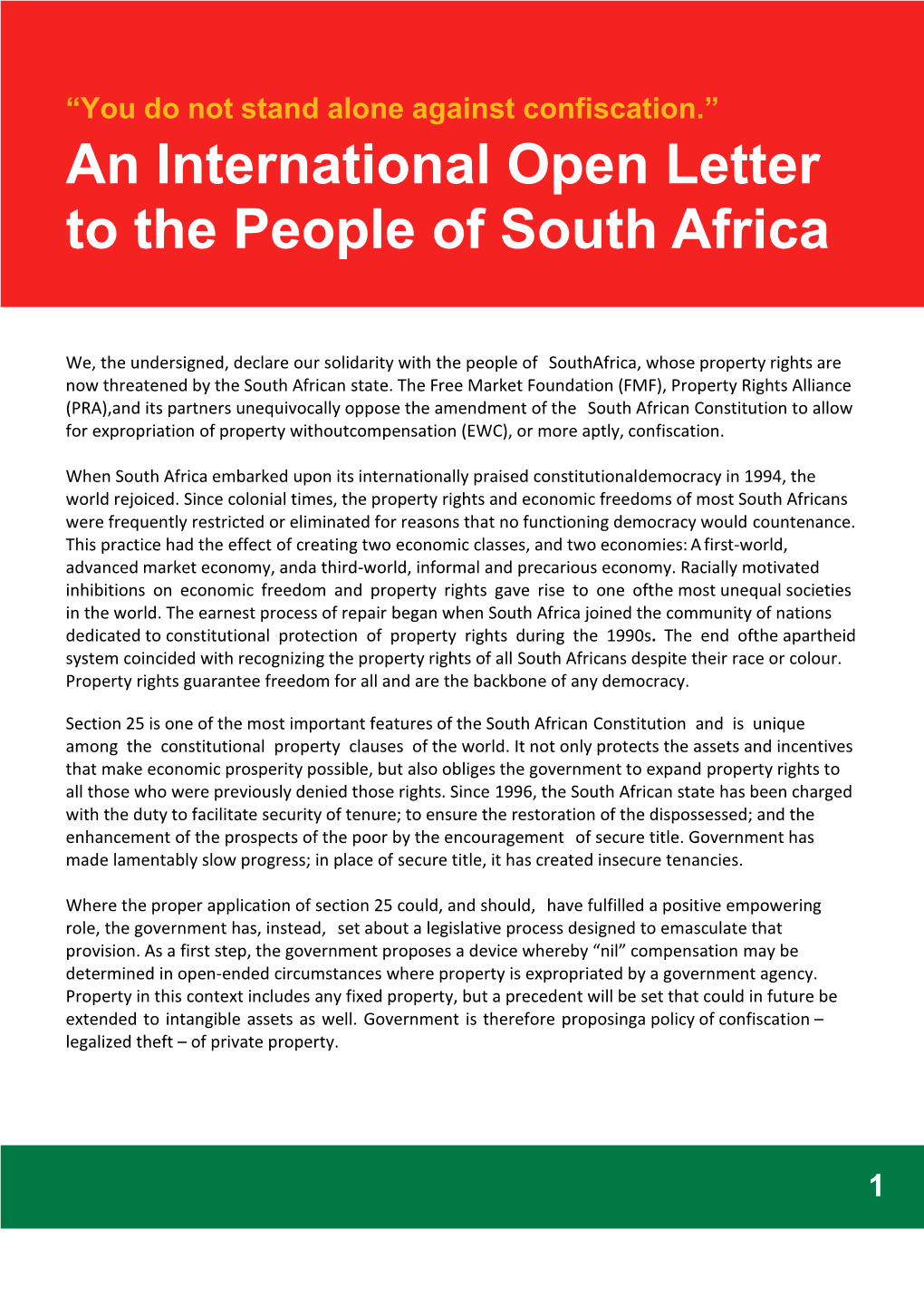 South Africa Coalition Letter