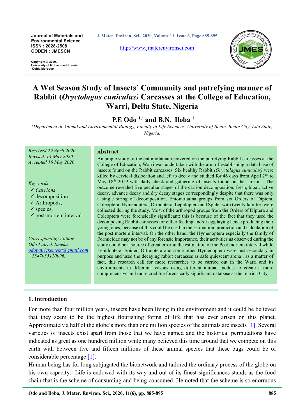 A Wet Season Study of Insects' Community and Putrefying Manner of Rabbit