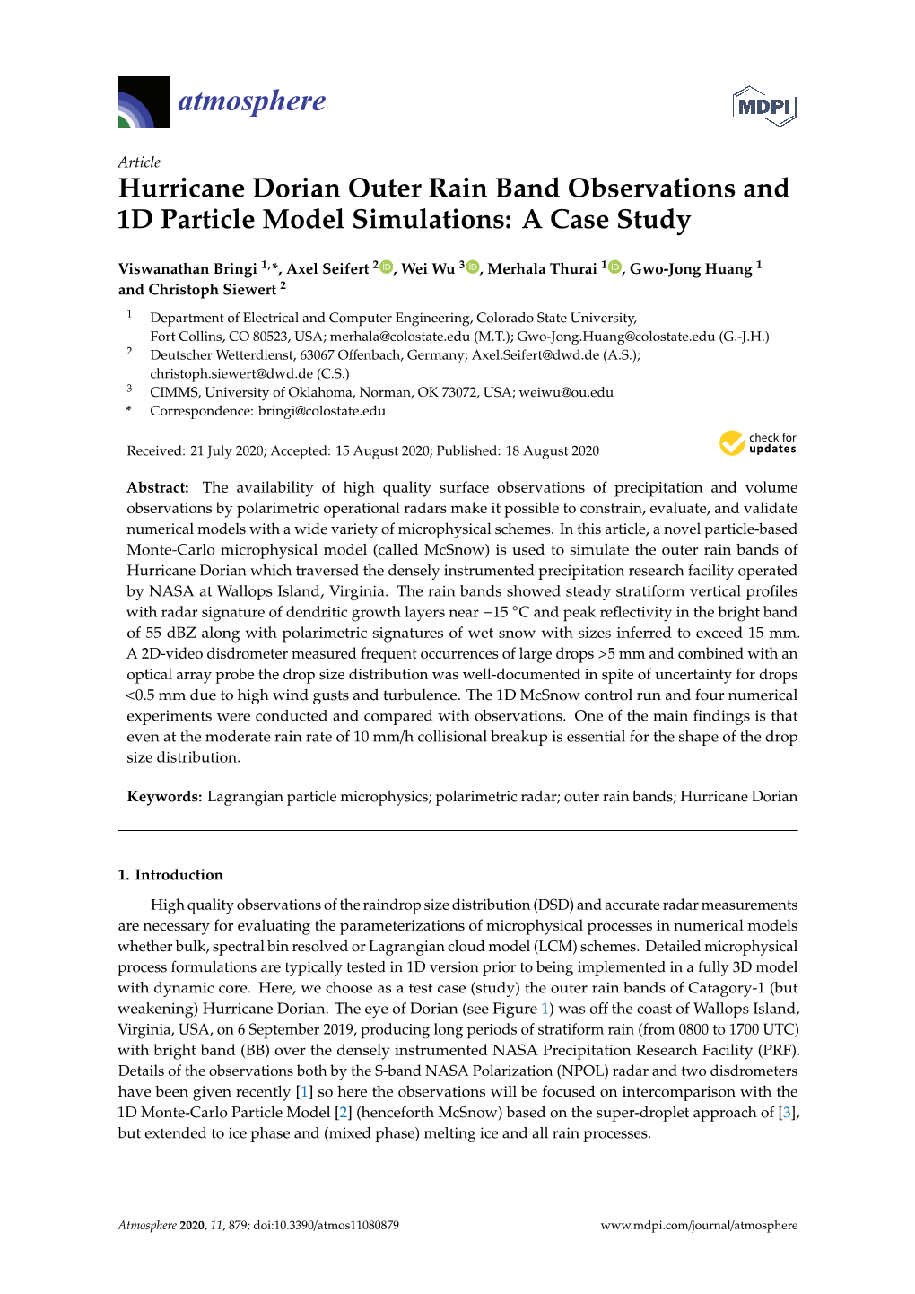 Hurricane Dorian Outer Rain Band Observations and 1D Particle Model Simulations: a Case Study