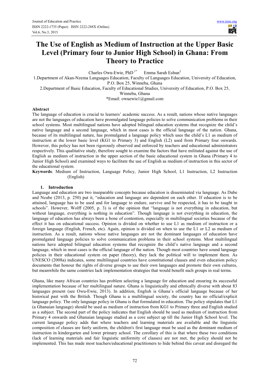 The Use of English As Medium of Instruction at the Upper Basic Level (Primary Four to Junior High School) in Ghana: from Theory to Practice