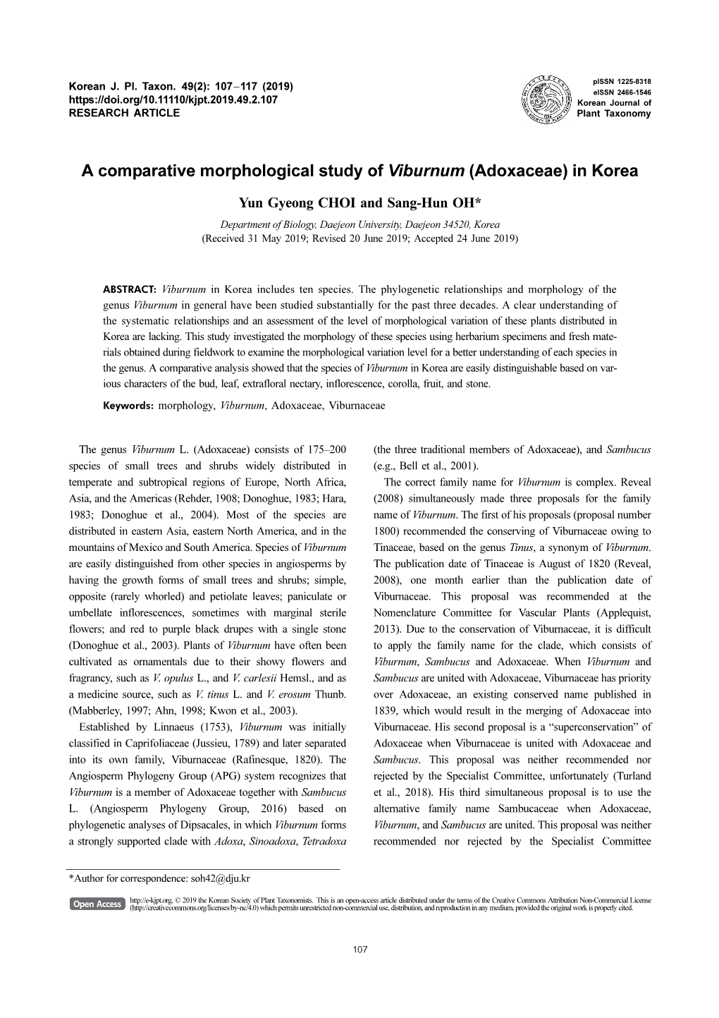 A Comparative Morphological Study of Viburnum (Adoxaceae) in Korea