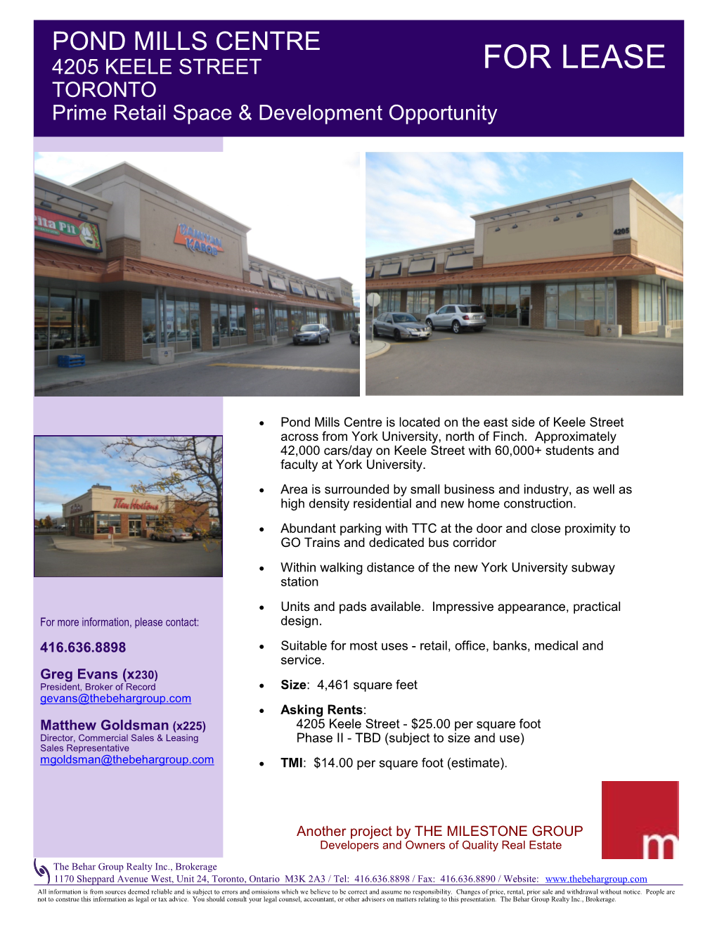 POND MILLS CENTRE 4205 KEELE STREET for LEASE TORONTO Prime Retail Space & Development Opportunity