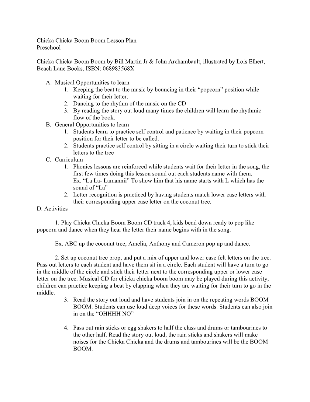 Chicka Chicka Boom Boom Lesson Plan