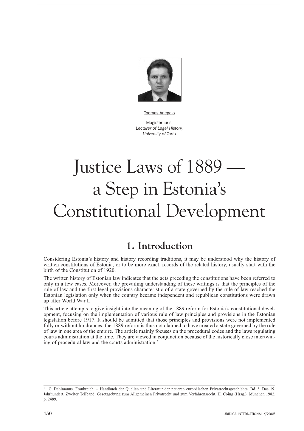 Justice Laws of 1889 — a Step in Estonia's Constitutional Development