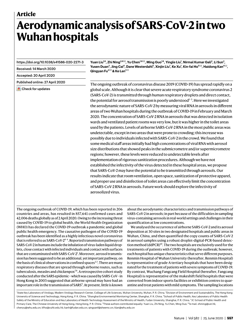 Aerodynamic Analysis of SARS-Cov-2 in Two Wuhan Hospitals