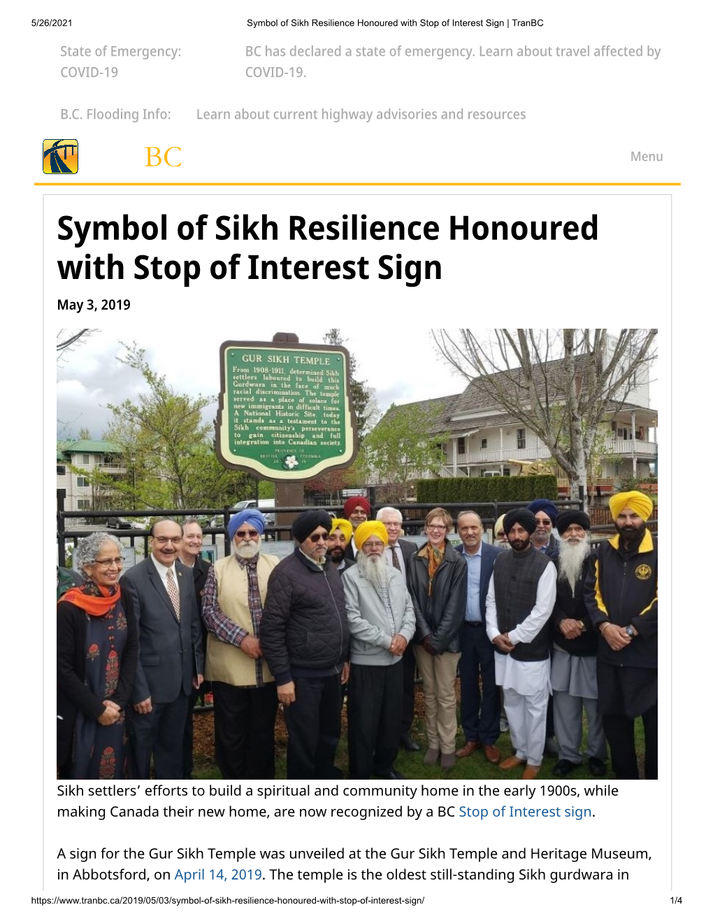 Symbol of Sikh Resilience Honoured with Stop of Interest Sign | Tranbc