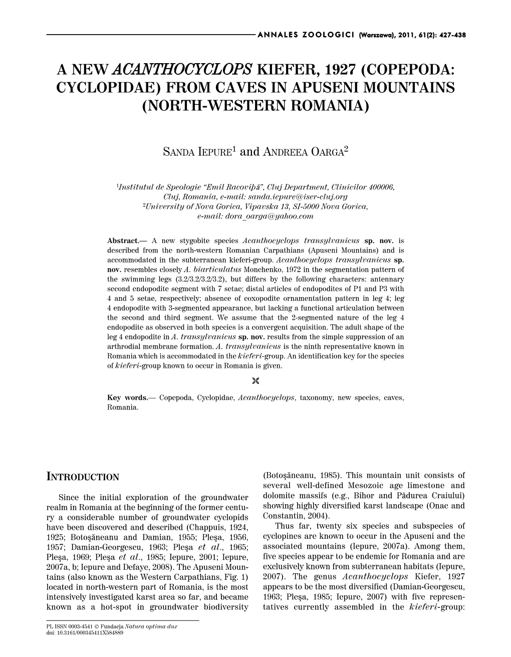 A New Acanthocyclops Kiefer, 1927 (Copepoda: Cyclopidae) from Caves in Apuseni Mountains (North-Western Romania)