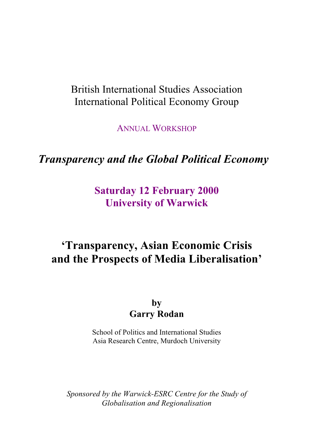 Transparency and the Global Political Economy