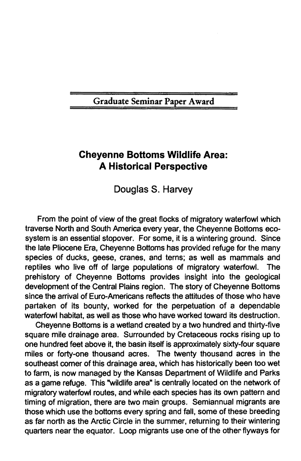 Graduate Seminar Paper Award Cheyenne Bottoms Wildlife Area