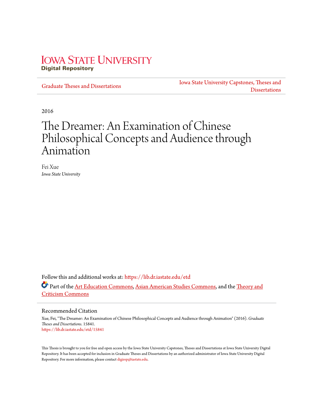 An Examination of Chinese Philosophical Concepts and Audience Through Animation Fei Xue Iowa State University