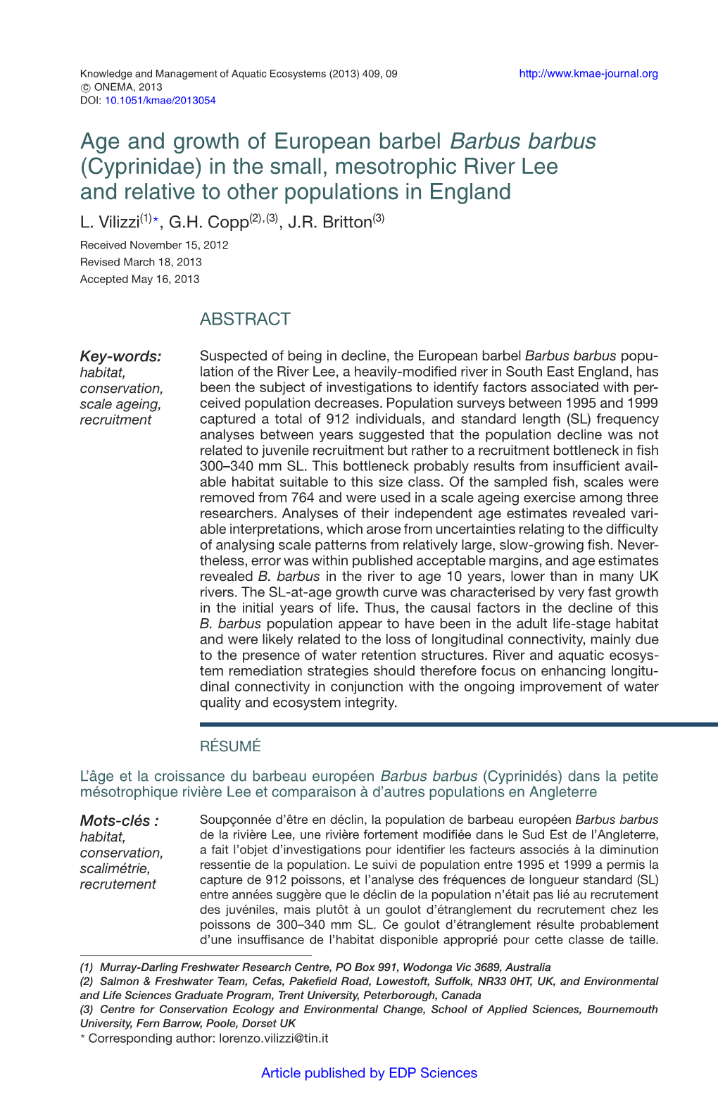 Age and Growth of European Barbel Barbus Barbus (Cyprinidae) in the Small, Mesotrophic River Lee and Relative to Other Populations in England L