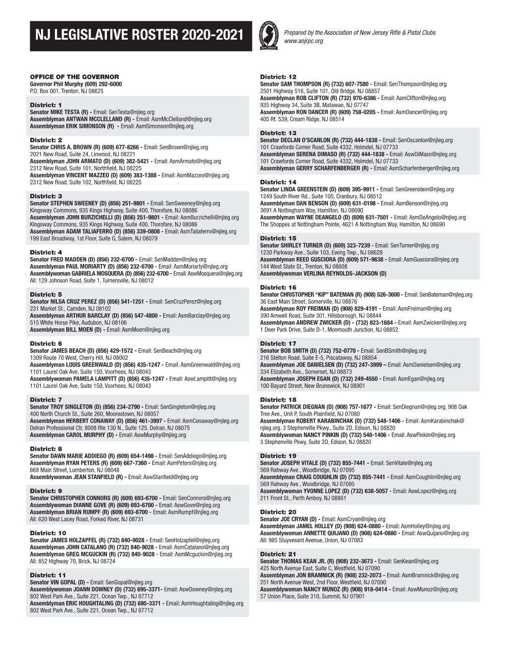 Nj Legislative Roster 2020-2021