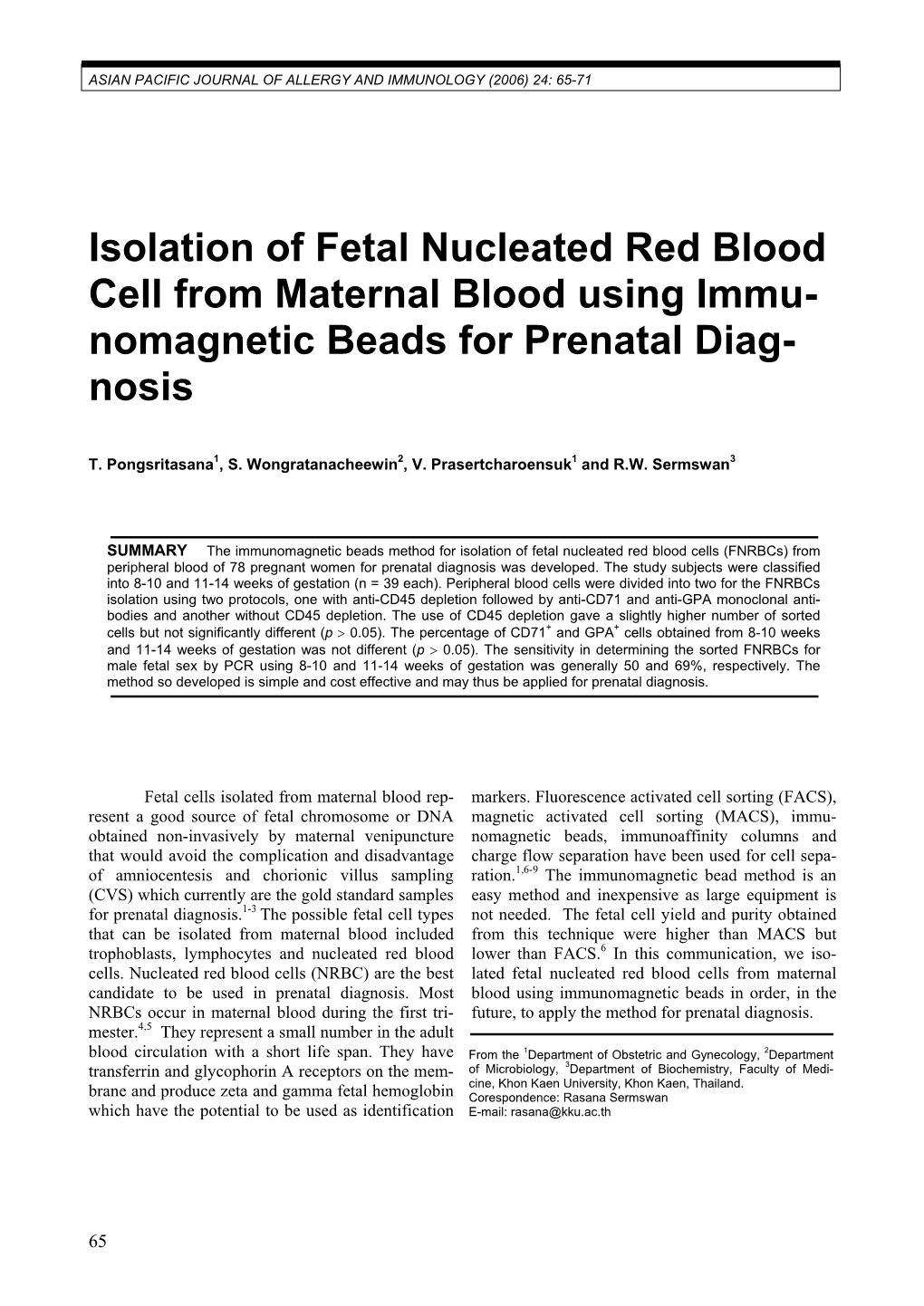 Isolation of Fetal Nucleated Red Blood Cell from Maternal Blood Using Immu- Nomagnetic Beads for Prenatal Diag- Nosis