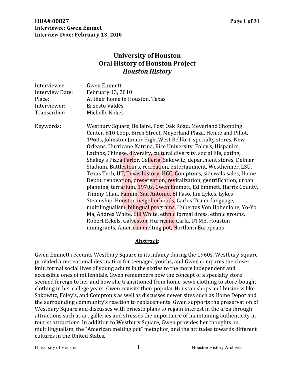 University of Houston Oral History of Houston Project Houston History