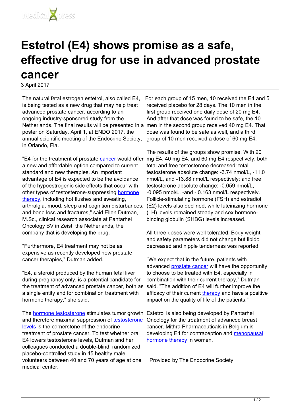 Estetrol (E4) Shows Promise As a Safe, Effective Drug for Use in Advanced Prostate Cancer 3 April 2017