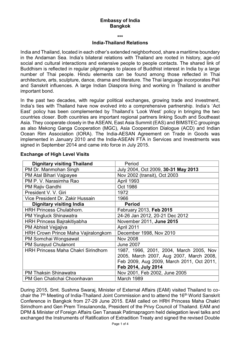 Embassy of India Bangkok *** India-Thailand Relations India And