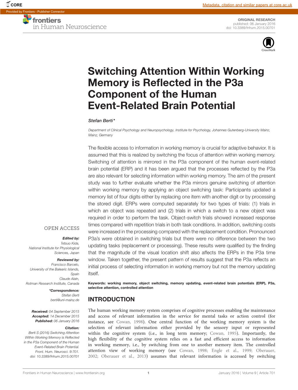 Switching Attention Within Working Memory Is Reflected in the P3a