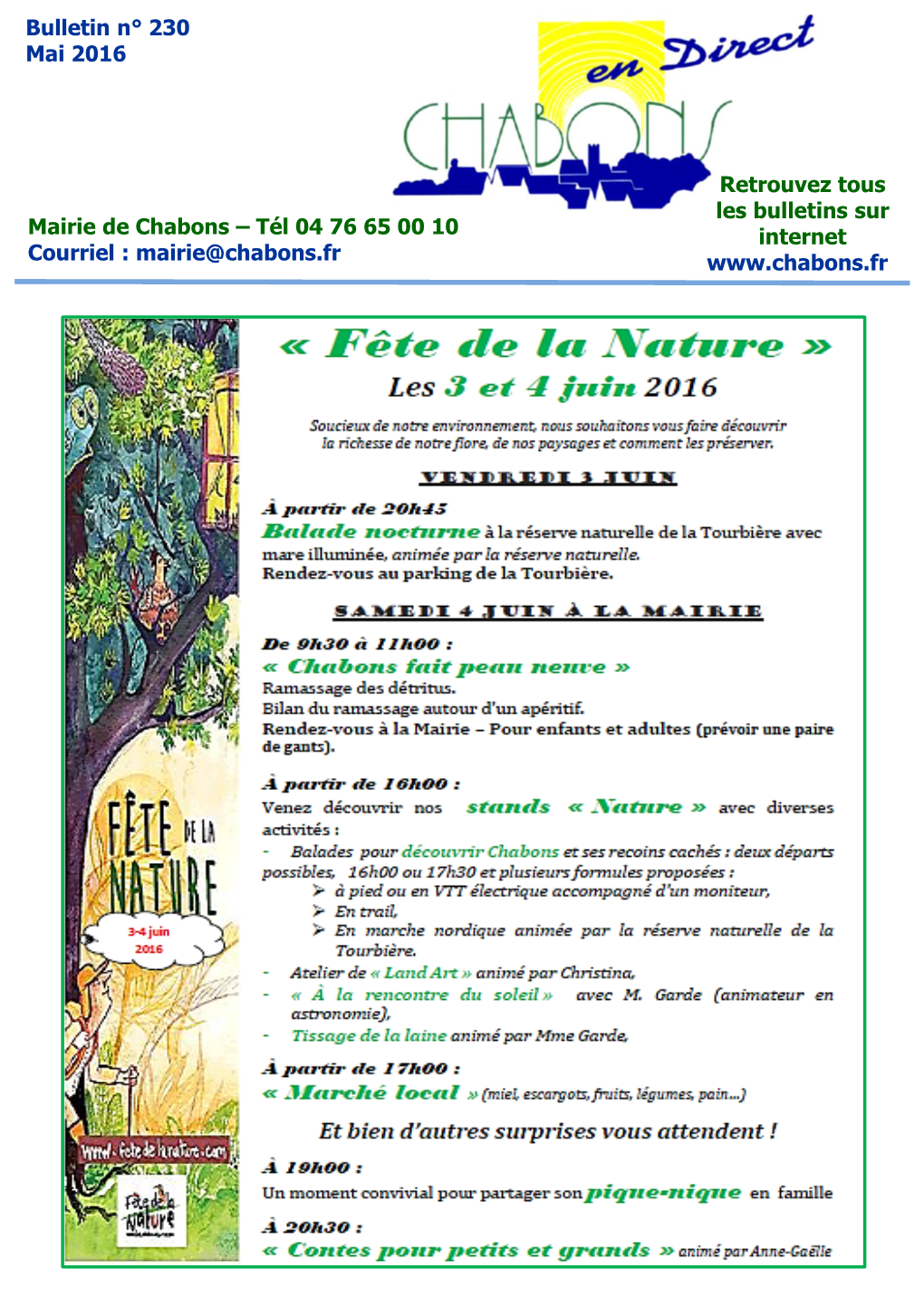 Bulletin N° 230 Mai 2016 Mairie De Chabons – Tél 04 76 65 00 10