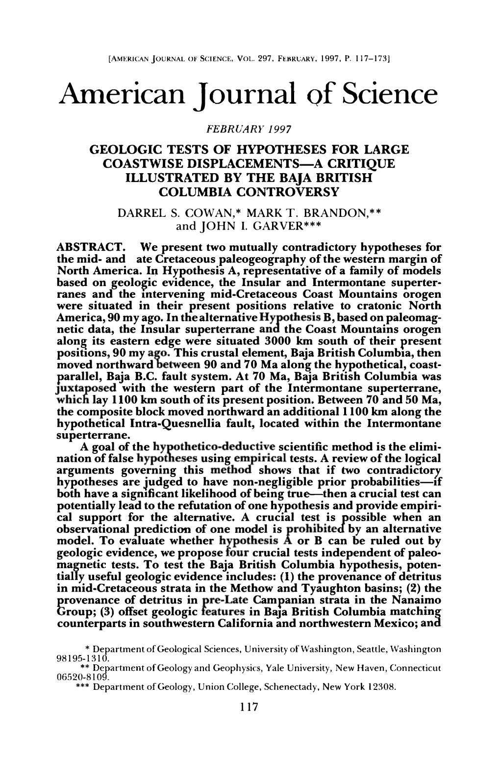 Cowan1997american Journal of Science Geologic Tests of Hypotheses for Large Coastwise Displacements-A Critique Illustrated By